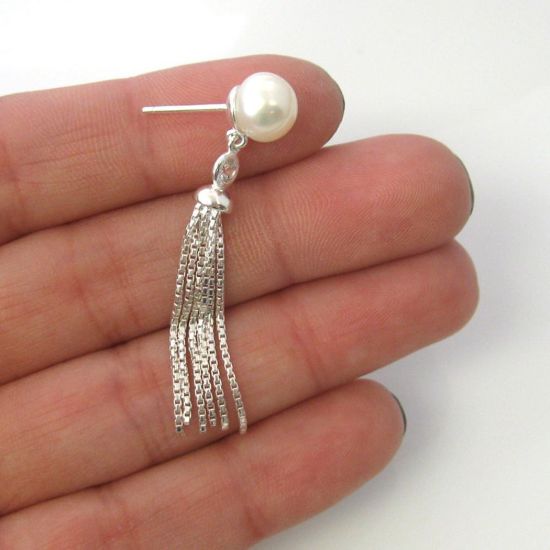 Wholesale Sterling Silver Freshwater Pearl and CZ Stone Tassel Earrings