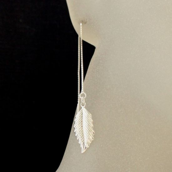 Wholesale Sterling Silver Feather Charm Threader Earrings (Sold Per Pair)
