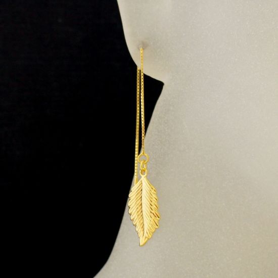 Wholesale Gold Over Sterling Silver Feather Charm Threader Earrings (Sold Per Pair)