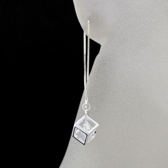 Wholesale Sterling Silver CZ Stone Cube Charm Threader Earrings (Sold Per Pair)