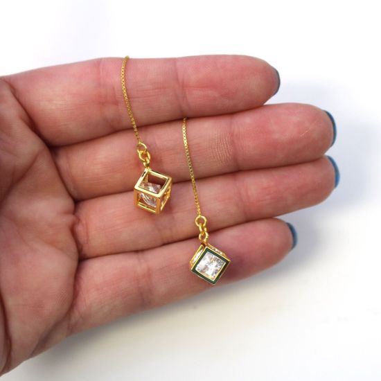 Wholesale Gold Over Sterling Silver CZ Stone Cube Charm Threader Earrings (Sold Per Pair)