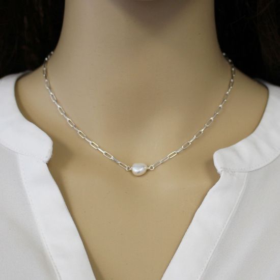 Wholesale Sterling Silver White Freshwater Pearl Long Box Chain Choker - 15"
