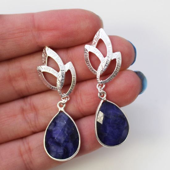 Wholesale Sterling Silver Textured Leaf Teardrop Gemstone Earrings (Sold Per Pair)