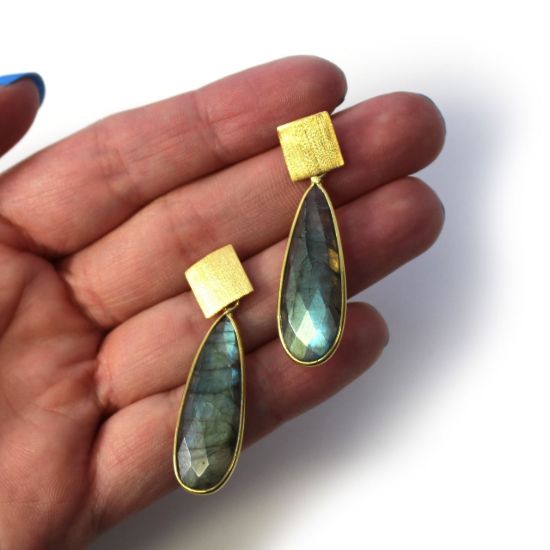 Wholesale Gold Over Sterling Silver Textured Square Elongated Teardrop Gemstone Earrings (Sold Per Pair)