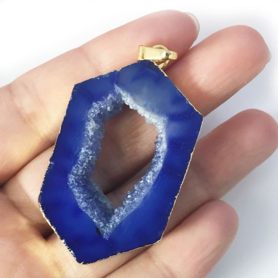 Wholesale Druzy Geode Hexagon Pendant, Geode Window Agate- Natural Blue Agate 43mm