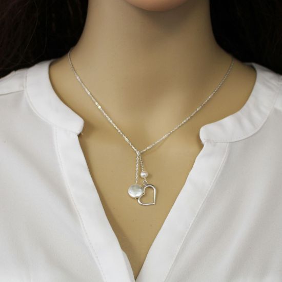 Wholesale Sterling Silver Heart and Freshwater Pearl Lariat Necklace