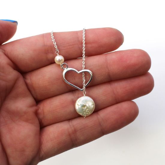 Wholesale Sterling Silver Heart and Freshwater Pearl Lariat Necklace