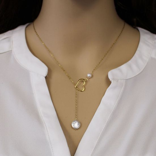 Wholesale Gold Over Sterling Silver Heart and Freshwater Pearl Lariat Necklace