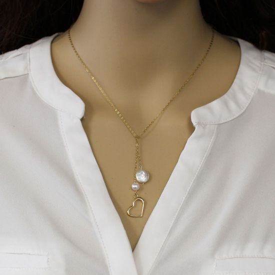 Wholesale Gold Over Sterling Silver Heart and Freshwater Pearl Lariat Necklace