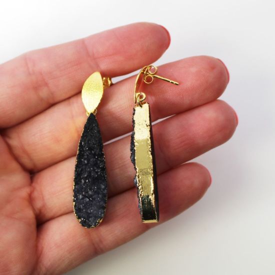 Wholesale Gold Over Sterling Silver Marquise Black Elongated Teardrop Druzy Earrings (Sold Per Pair)