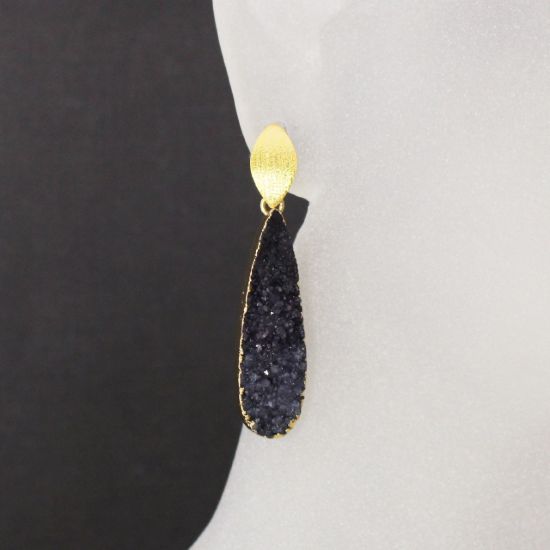 Wholesale Gold Over Sterling Silver Marquise Black Elongated Teardrop Druzy Earrings (Sold Per Pair)