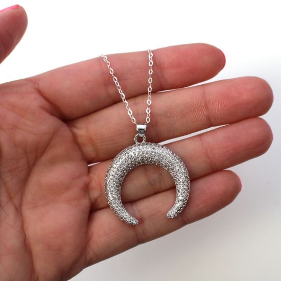 Wholesale Sterling Silver Pave Double Horn Pendant Necklace