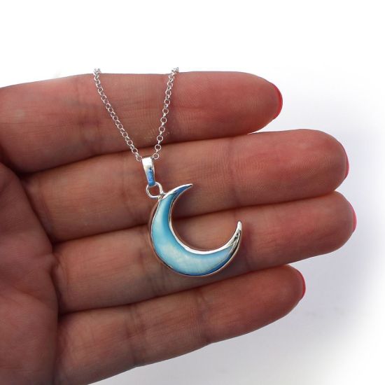 Wholesale Sterling Silver Blue Shell Crescent Moon Necklace - 18"