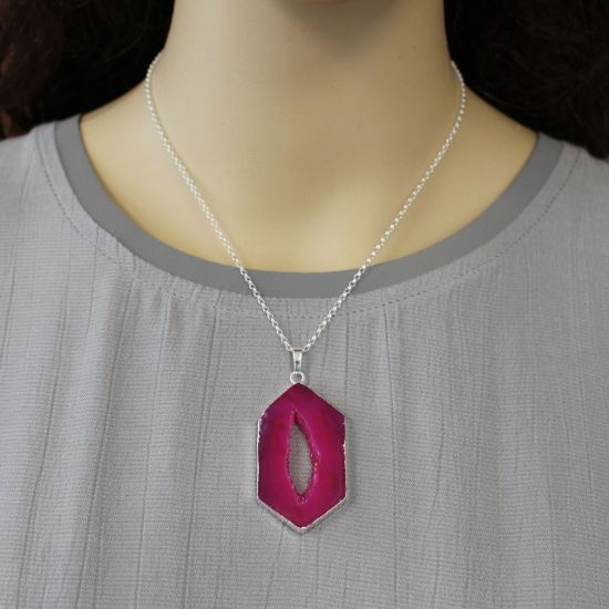 Wholesale Sterling Silver Pink Window Agate Geode Pendant Necklace - 16"