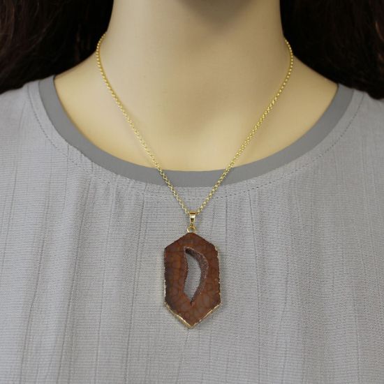 Wholesale Gold Over Sterling Silver Brown Window Agate Geode Pendant Necklace - 16"
