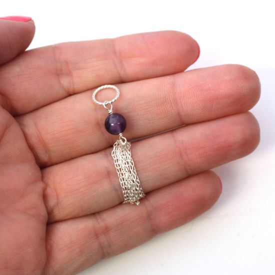 Wholesale Sterling Silver Tiny Twisted Ring Amethyst Bead Tassel Charm Pendant - February Birthstone