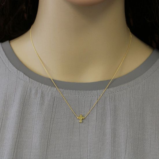 Wholesale Gold Over Sterling Silver Tiny Cross Charm Necklace - 16"