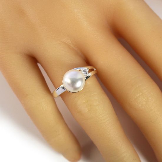 Wholesale 925 Sterling Silver Single CZ Stone and Big Freshwater Pearl Ring (1 piece)