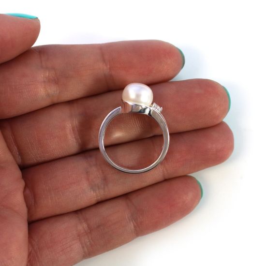 Wholesale 925 Sterling Silver Single CZ Stone and Big Freshwater Pearl Ring (1 piece)