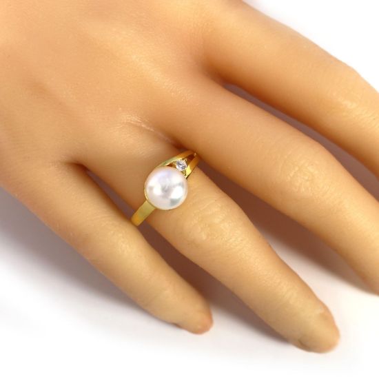 Wholesale Gold Over Sterling Silver Single CZ Stone and Big Freshwater Pearl Ring (1 piece)