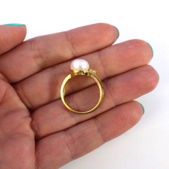 Wholesale Gold Over Sterling Silver Single CZ Stone and Big Freshwater Pearl Ring (1 piece)