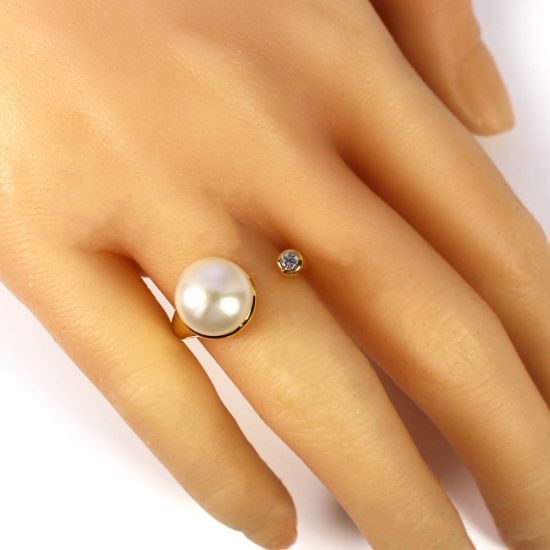 Wholesale Gold Over Sterling Silver Big Freshwater Pearl and CZ Stone Open Ring - Adjustable (1 Piece)