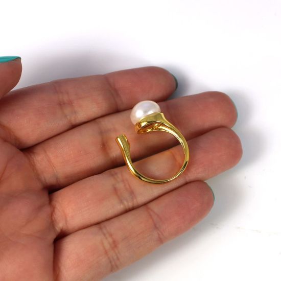 Wholesale Gold Over Sterling Silver Big Freshwater Pearl and CZ Stone Open Ring - Adjustable (1 Piece)