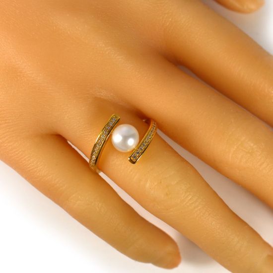 Wholesale Gold Over Sterling Silver Fancy Freshwater Pearl and Pave CZ Stone Ring (1 piece)