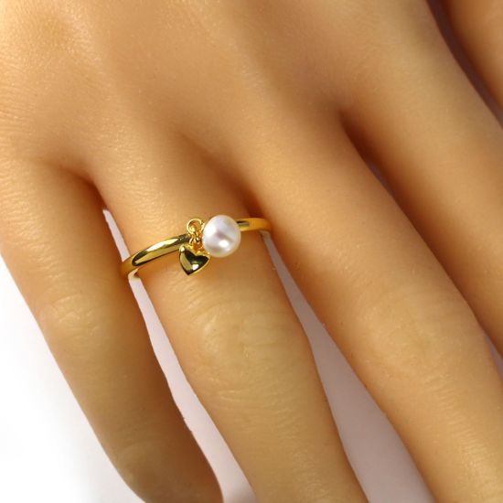 Wholesale Gold Over Sterling Silver Freshwater Pearl and Heart Charm Ring (1 piece)