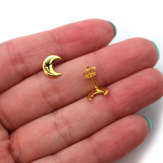 Wholesale Gold Over Sterling Silver Crescent Moon Star Earrings - 11mm  (1 pair)