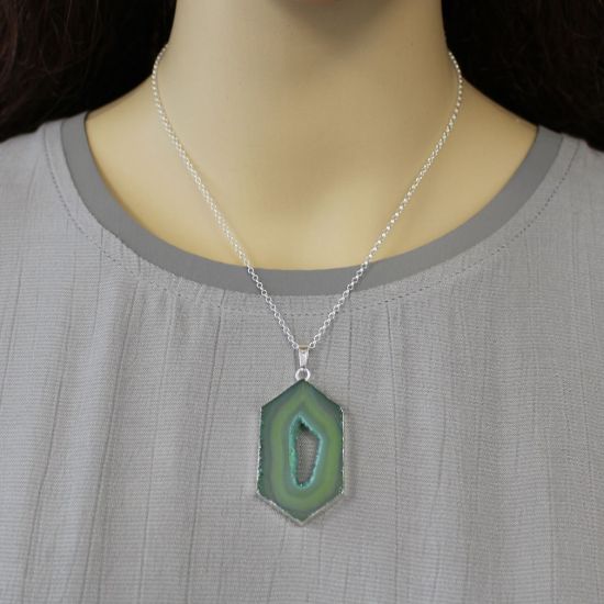 Wholesale Sterling Silver Window Agate Geode Pendant Necklace - 16"
