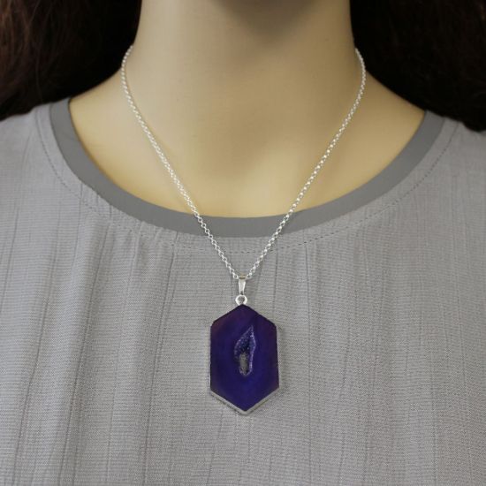 Wholesale Sterling Silver Window Agate Geode Pendant Necklace - 16"