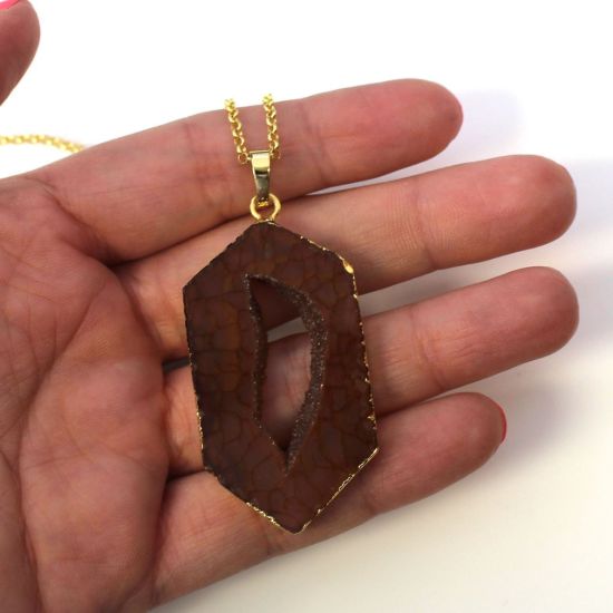 Wholesale Gold Over Sterling Silver Window Agate Geode Pendant Necklace - 16"