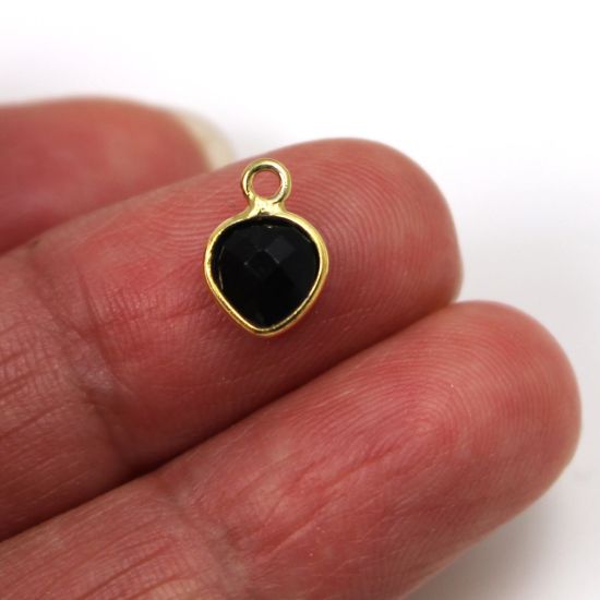 Wholesale Gold Over Sterling Silver Bezel Charm Pendant - 10x7mm Faceted Tiny Heart Shape - Black Onyx