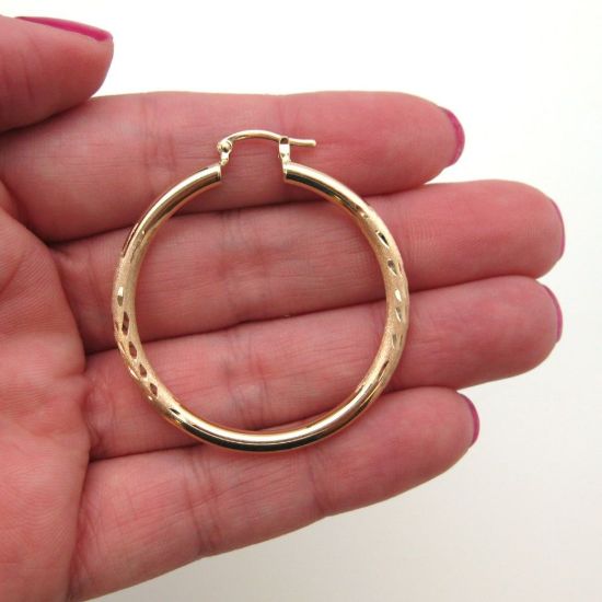 Wholesale 14K Solid Yellow Gold Hoop Earrings with Fancy Design  - 3mm thickness- 40mm (Sold per pair)