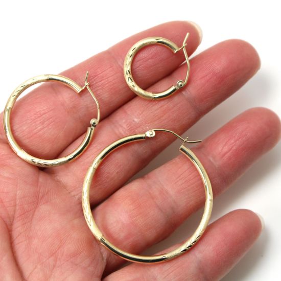 Wholesale 14K Solid Gold Textured Hoop Earrings  - Hollow Light Weight Hoops  (Sold per pair)