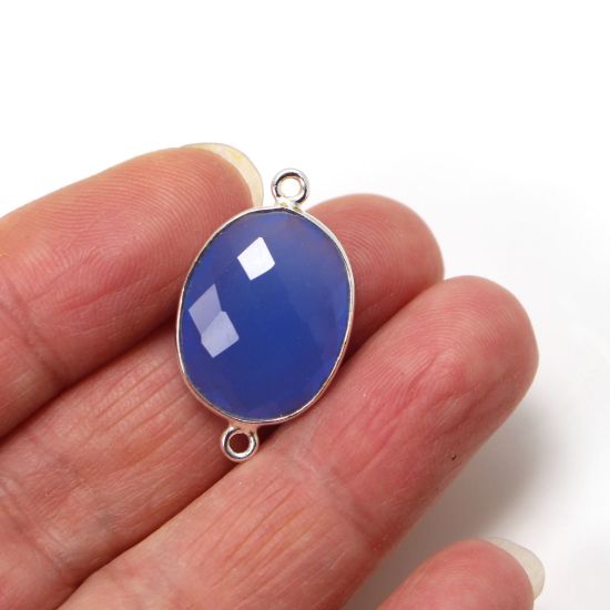 Wholesale Sterling Silver Bezel Gemstone Links - Faceted Oval Shape - Blue Chalcedony