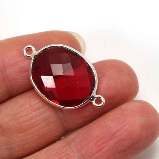 Wholesale Sterling Silver Bezel Gemstone Links - Faceted Oval Shape -Rubelite Quartz- July Birthstone