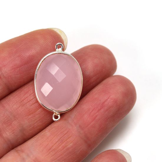 Wholesale Sterling Silver Bezel Gemstone Links - Faceted Oval Shape -Pink Chalcedony