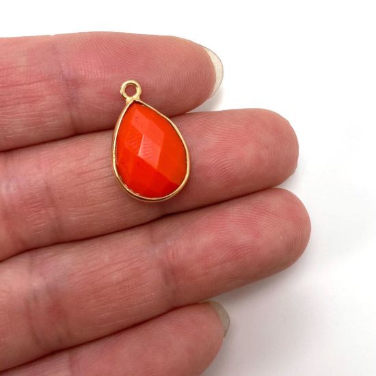 Wholesale 22K Gold Over Sterling Silver Bezel Gemstone Pendant - 10x14mm Faceted Small Teardrop - Coral