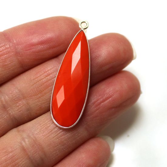 Wholesale Sterling Silver Bezel Gemstone Pendant - 10x30mm Faceted Long Teardrop Bezel - Coral