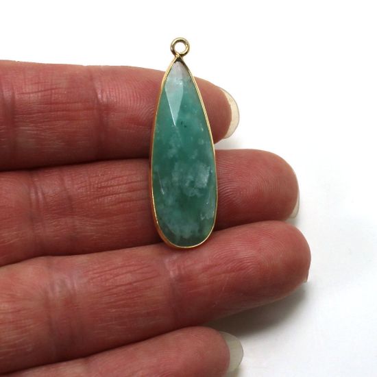 Wholesale 22K Gold Over Sterling Silver Bezel Gemstone Pendant - 10x30mm Faceted Long Teardrop Bezel - Natural Amazonite