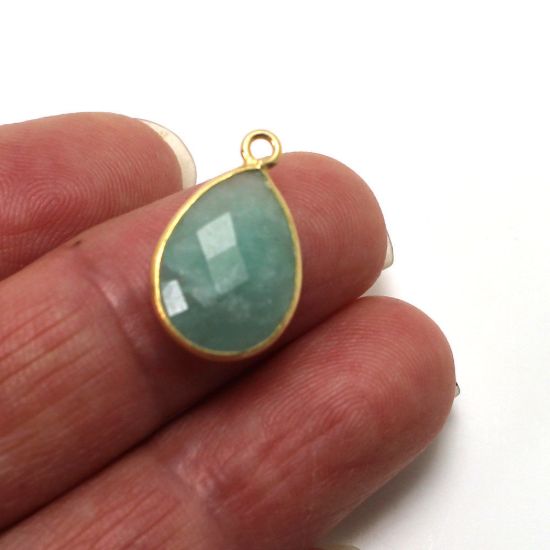 Wholesale 22K Gold Over Sterling Silver Bezel Gemstone Pendant - 10x14mm Faceted Long Teardrop Bezel - Natural Amazonite
