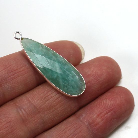 Wholesale Sterling Silver Bezel Gemstone Pendant - 10x30mm Faceted Long Teardrop Bezel - Natural Amazonite