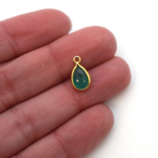 Wholesale Bezel Charm Pendant - Gold Plated Sterling Silver Charm - Natural Green Onyx -Tiny Teardrop Shape