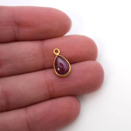 Wholesale Bezel Charm Pendant - Gold Plated Sterling Silver Charm - Natural Ruby -Tiny Teardrop Shape