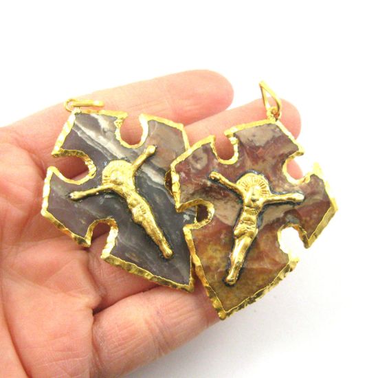 Wholesale Natural Agate Jasper Druzy Cross Pendant for Necklace, 24K Gold Plated Brass Crucifix-Holy Cross Pendant