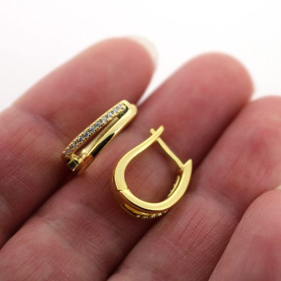 Wholesale Gold Over Sterling Silver CZ Stone Oval Hoop Earrings -14mm (Sold Per Pair)