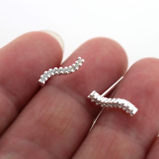 Sterling Silver Simple Curved Bar Earring Studs With CZ  -12mm (1 pair)