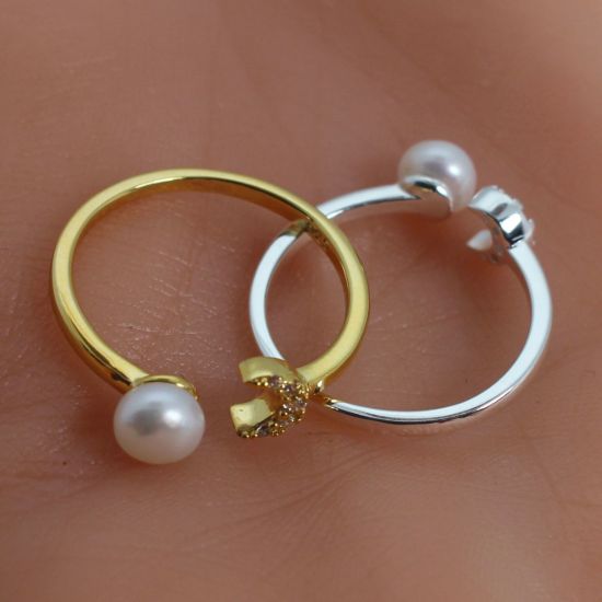 Wholesale Gold Over Sterling Silver Freshwater Pearl and Moon CZ Stone Open Ring - Adjustable (1 Piece)